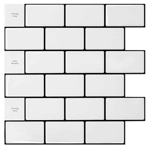 Art3dwallpanels Fliesenaufkleber Klebefliesen Fliesen 10-Stück Fliesenfolie Spritzschutz Küchenrückwand 3D Selbstklebende Wandfliesen Küche Bad 30 x 30 cm Weiß mit Schwarz Fugenmörtel von Art3dwallpanels