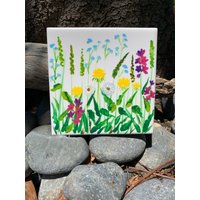 Löwenzahn Und Wildblumen Handbemalte Keramikfliese/Ornament Wandkunst Home Decor von ArtByAdrienneStudio