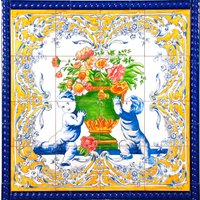 Au - Fliesenbild, Stillleben, Blumenvase Mit Engeln. Traditionelle Handbemalte Keramik. Blauer Und Gelber Rand. Portugiesisch von ArtCeramicTiles