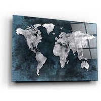 Weltkarte Blausilber Glasdruck Wandkunst - Glas Dekoration Hauseinweihung Interior Design Ideen Wandbehänge von ArtDesigna