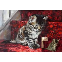 Benutzerdefinierte Pet Portrait, Gestreift Grau Kätzchen Katze Roten Teppich Ölgemälde, Original Kunst Haustier Leinwand, Geschenk-Denkmal Für von ArtFablePets