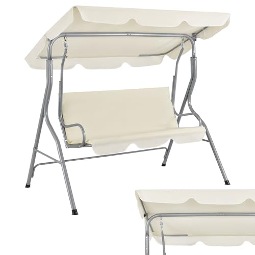 Juskys Hollywoodschaukel 3-Sitzer mit verstellbarem Dach & Sitzauflage - 200 kg belastbar - wasserabweisendes Polyester - Anti-Rutsch-Füße - Schaukelbank für Garten & Terrasse - beige von Juskys