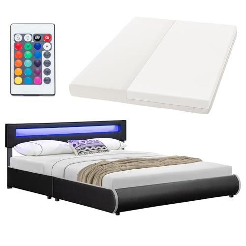 Juskys Polsterbett Sevilla 180x200 cm mit Matratze, LED Beleuchtung, Lattenrost & Kopfteil - Holz & Kunstleder - 16 Farbeinstellungen & Fernbedienung - Bett Bettgestell Doppelbett - Schwarz von Juskys