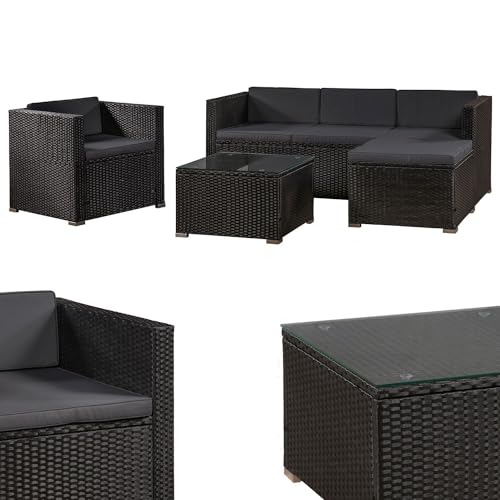 Juskys Polyrattan Lounge Punta Cana L für 4-5 Personen mit 3er Sofa, Sessel, Hocker, Tisch & Kissen, Sitzgruppe für Garten, Terrasse und Balkon, Gartenmöbel Set wetterfest - Schwarz/Grau von Juskys