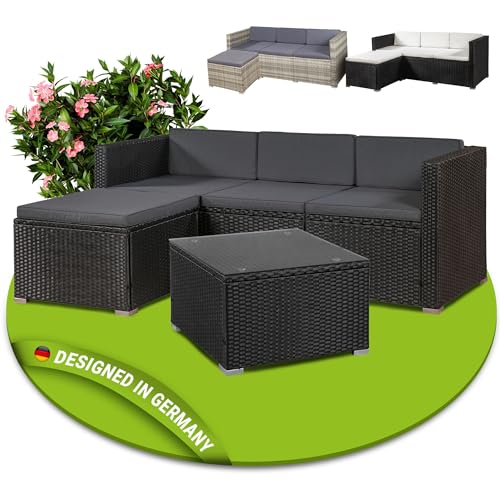 Juskys Polyrattan Lounge Punta Cana M für 3-4 Personen mit 3er Sofa, Sessel, Tisch & Kissen, Sitzgruppe für Garten, Terrasse und Balkon, Gartenmöbel Set wetterfest - schwarz/grau von Juskys