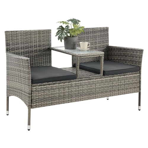 Juskys Polyrattan Gartenbank Monaco - 2-Sitzer Bank mit Tisch & Kissen - 133x63x84 cm - Rattan Sitzbank wetterfest Garten Balkon - grau-meliert von Juskys