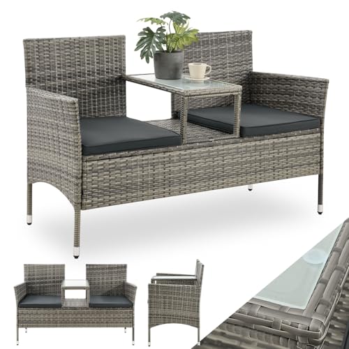 Juskys Polyrattan Gartenbank Monaco - 2-Sitzer Bank mit Tisch & Kissen - 133x63x84 cm - Rattan Sitzbank wetterfest Garten Balkon - grau-meliert von Juskys