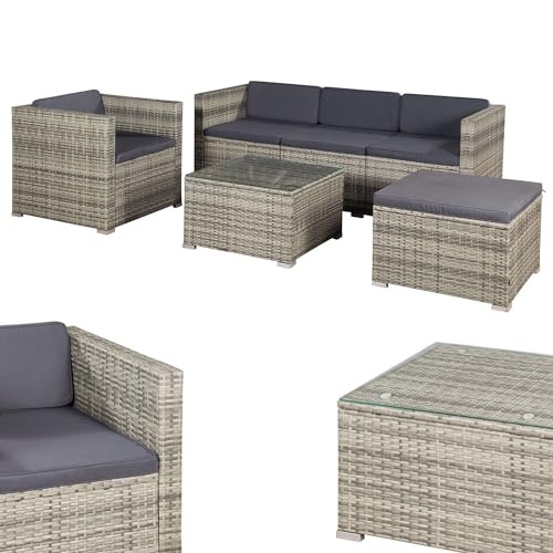 Juskys Polyrattan Lounge Punta Cana L für 4-5 Personen mit 3er Sofa, Sessel, Hocker, Tisch & Kissen, Sitzgruppe für Garten, Terrasse und Balkon, Gartenmöbel Set wetterfest - Grau-meliert von Juskys