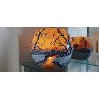 Sonnenuntergang Im Winterwald Handbemalter Kerzenhalter Glasschale von ArtLightGlass