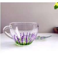 Lavendel Tee Tasse & Untertasse Set, Blumen Handbemalte Glas Geschenk Für Sie, Provence Wohnkultur Und Geschirr von ArtMasha