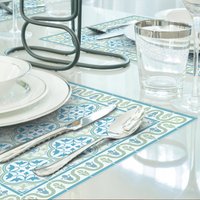 Set Aus Vinyl Tischsets in Grün Und Türkis. Fliesen Platzmatten Auf Bestellung Gedruckt Strapazierfähigem Pvc Vinyl. Kunst Matt Geschirr von ArtMatHome