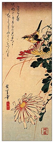 ArtPlaza Hiroshige Utagawa-Small Bird with Chrysanthemum, Dekorative Paneele, Holz, Mehrfarbig, 50 x 1.8 x 140 cm von ArtPlaza