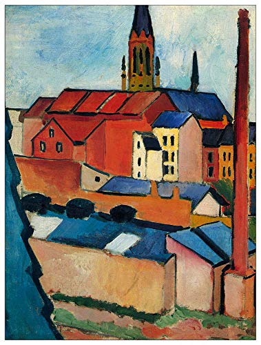 ArtPlaza TW91412 Macke August - St. Mary's Church with houses and chimney Dekorative Paneele, Holz MDF, Multifarbiert, 60x80 Cm von ArtPlaza