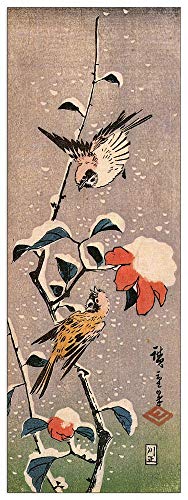 ArtPlaza TW93017 Hiroshige Utagawa - Sparrows and camelias with snow Dekorative Paneele, Holz MDF, Multifarbiert, 50x140 Cm von ArtPlaza