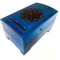 Große Blaue Holzbox 25x15x14 cm, Truhe, Kasse, Schmuckkästchen, Ozeanblaue Box, Handgeschnitzte Andenkenbox, Abschließbare Schatulle von ArtRegio