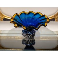 Murano Style Blau Glas Schüssel Mit Gekräuseltem Rand, 15x24 cm, Dekorative Glaskunst von ArtRomanticaGallery