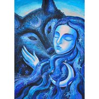 Kunstdruck Mondgöttin Mit Wolf Hexenaltar Totem Mutter Erde Gaia Feminines Dekor Halbmond Schamane Spiritueller Wächter Pagan von ArtRushka