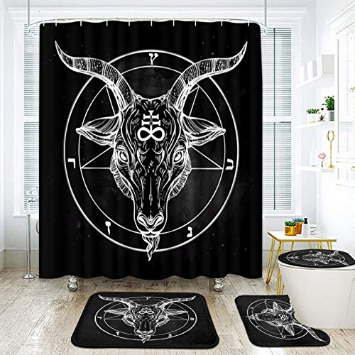 ArtSocket 4-teiliges Duschvorhang-Set Goth Totenkopf Geometrie Formen Satan Skelett Retro Rock mit rutschfesten Teppichen WC-Deckel und Badematte Badezimmer Dekor Set 183 x 183 cm von ArtSocket