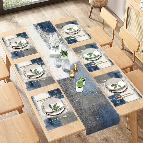ArtSocket Farmhouse Tischläufer und Platzsets, 6er-Set, abstrakte Blaue und graue Malerei, Kunst, Esstischdekoration für den täglichen Gebrauch (1 Tischläufer 183 cm lang und 6 Platzdeckchen) von ArtSocket