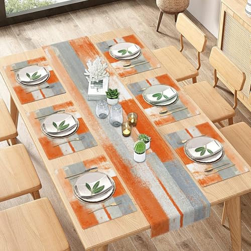 ArtSocket Tischläufer- und Platzdeckchen-Set, Bauernhaus, 6 Stück, abstrakte orange-graue Malkunst, Esstischdekoration für den täglichen Gebrauch (1 Tischläufer 183 cm lang und 6 Platzdeckchen) von ArtSocket