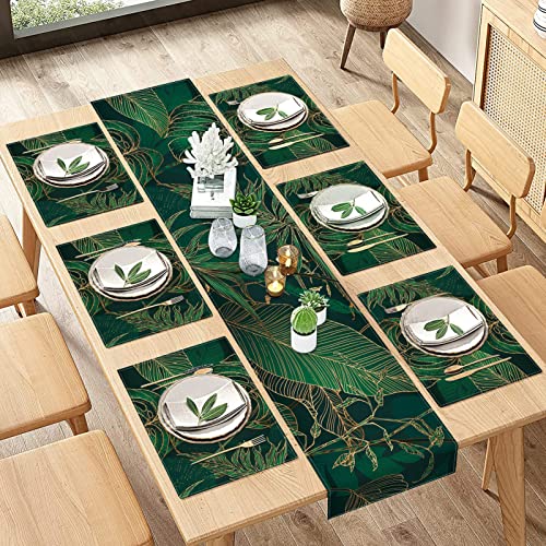 ArtSocket Tischläufer und Tischsets mit Palmblättern, luxuriöses geometrisches geometrisches Grün und Gold, Moderne Tropische Essdekoration für den täglichen Gebrauch (1 Tischläufer 183 cm lang und 6 von ArtSocket