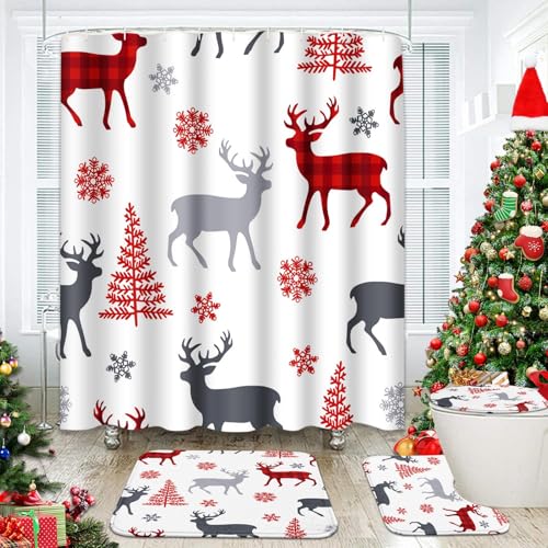 ArtSocket Weihnachts-Badezimmer-Set mit Duschvorhang und Teppichen und Zubehör, Hirschbaum, Schneeflocken, Tier-Duschvorhänge für Badezimmer-Dekoration, 4-teilig ArtSocket Weihnachts-Badezimmer-Set mit Duschvorhang und Teppichen und Zubehör, Hirschbaum, Schneeflocken, Tier-Duschvorhänge für Badezimmer-Dekoration, 4-teilig von ArtSocket