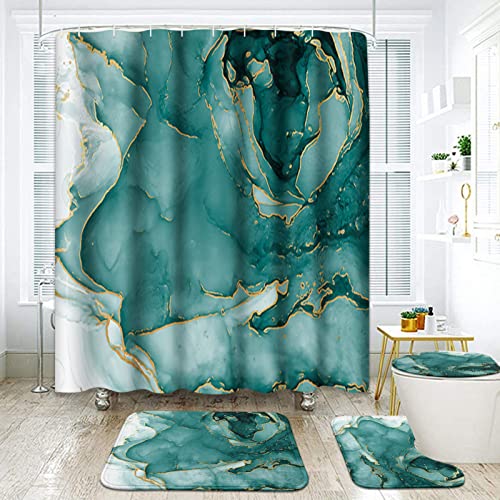Grüner Marmor-Badezimmer-Set mit Duschvorhang und Teppichen und Zubehör, grün-goldene Aquamarin-Duschvorhang-Sets, Ozeanwellen, Duschvorhänge für Badezimmer, abstrakte Badezimmerdekoration, 4 Stück von ArtSocket