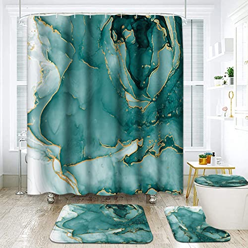 Grüner Marmor-Badezimmer-Set mit Duschvorhang und Teppichen und Zubehör, grün-goldene Aquamarin-Duschvorhang-Sets, Ozeanwellen, Duschvorhänge für Badezimmer, abstrakte Badezimmerdekoration, 4 Stück Grüner Marmor-Badezimmer-Set mit Duschvorhang und Teppichen und Zubehör, grün-goldene Aquamarin-Duschvorhang-Sets, Ozeanwellen, Duschvorhänge für Badezimmer, abstrakte Badezimmerdekoration, 4 Stück von ArtSocket