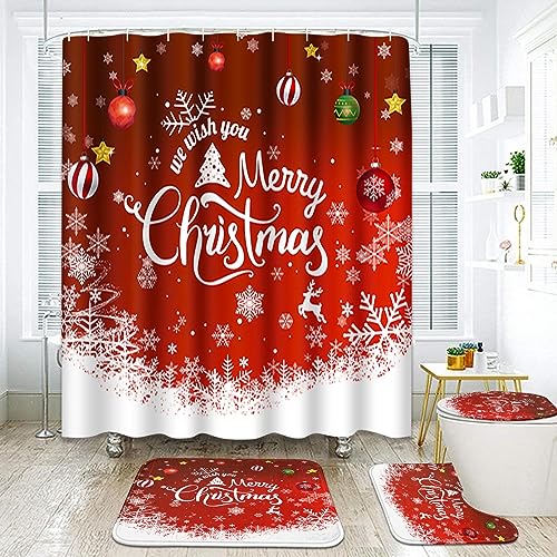 ArtSocket Merry Christmas Badezimmer-Sets mit Duschvorhang und Teppichen und Zubehör, rote Schneeflocken, Hirsch, Duschvorhang-Set, Winter-Schnee-Duschvorhänge für Badezimmer-Dekoration, 4 Stück von ArtSocket