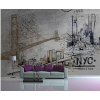 New York Wandbild Manhattan Kunstwerk Selbstklebende Kunst Retro Aufkleber Peel Stick Dekor Skizze Der Stadt Abnehmbare Tapete Reise Druck von ArtStoreDecal