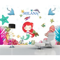 Personalisierte Name Mädchen Wandbild Meerjungfrau Kunstwerk Unterwasser Dekor Mädchenzimmer Druck Kinder Tier Aufkleber Selbstklebende Kunst von ArtStoreDecal