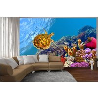 Schildkröte Tapete Selbstklebend Kunst Peel Stick Dekor Ozean Wanddruck Koralle Wandbild Meer Leben Kunstwerk Fisch Aufkleber Wasserblau Home von ArtStoreDecal