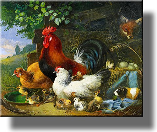 Dorf-Hahn und Hühner, Bild auf gespannter Leinwand, Wanddekoration, fertig zum Aufhängen von ArtWorks Decor