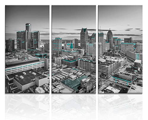 Detroit City Skyline Wandkunst, gerahmte Leinwand, Poster, Michigan, Stadtbild, Wanddekoration, Schwarz-Weiß, Bilder, Druck, Büro, Wohnzimmer, Büro, Dekorationen, 3-teilig, fertig zum Aufhängen (91,4 von Artbrush Tower
