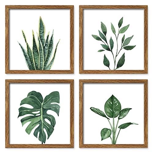 ArtbyHannah Bilderrahmen 4er Set 25x25cm Walnuss-Finish, Quadratisch Wandbilder mit Holz Rahmen, Botanisch Kunstdruck Wanddeko, Badezimmer Schlafzimmer Bilder Bad Küche, geschenk vatertag von ArtbyHannah