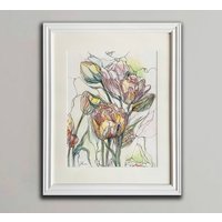 Original-Abstraktes Blumen-Aquarellbild - Gerahmte Wandkunst Echtes Handgemaltes Blumen-Kunstwerk von ArtbyMarinaChihai
