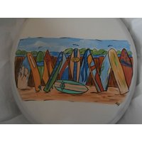 Handbemalte Surfbretter Und Strand. Länglicher Weißer Wc-Sitz Beidseitig Bemalt. Versiegelt. Waschbar. Usa von ArtbySethHouse