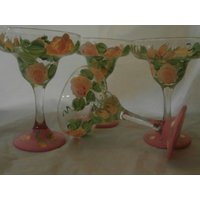 Handgemaltes Gelbes/Rosa Rosendesign. Set Aus 4 12 Unzen Margaritas von ArtbySethHouse