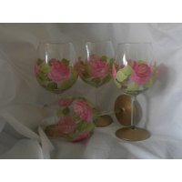 Hübsche Rosafarbene Rosenkelche Mit Goldbasis. Handbemalt Natürlich. 4Er Set. Geschirrspülmaschine. 19 Unzen von ArtbySethHouse