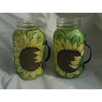Wunderliche Quart-Einmachgläser, Bemalt Mit Süßen Blühenden Sonnenblumen. Henkelbecher. . 2Er Set. Handbemalt Natürlich von ArtbySethHouse