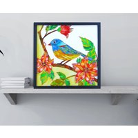 Volkskunst Blauer Vogel Mit Roten Blumen, Kunstglasmalerei von ArtbyTatsianaSaleh