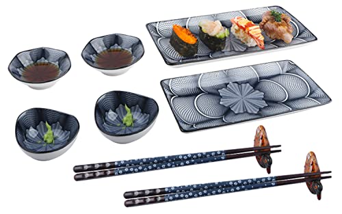 Artcome 10-teiliges Sushi-Teller-Set aus Keramik im japanischen Stil für Hochzeit, Einweihungsparty, 2 Sushi-Teller, 2 Soßenschalen, 2 Snack-Schalen, 2 Paar Essstäbchen, 2 Stäbchenhalter, dunkelblau von Artcome