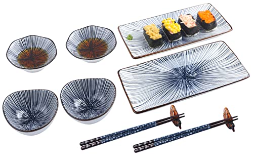 Artcome 10-teiliges Sushi-Teller-Set aus Keramik im japanischen Stil für Hochzeit, Einweihungsparty, 2 Sushi-Teller, 2 Soßenschalen, 2 Snack-Schalen, 2 Paar Essstäbchen, 2 Stäbchenhalter, blau von Artcome