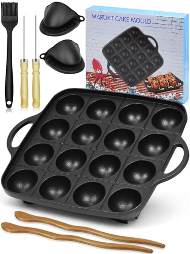 Artcome 16-Loch Takoyaki Pfanne mit Doppelgriffen - Antihaft Octopus Ball Maker mit 2 Holz-Plektren, Silikonbürste & 2 hitzebeständigen Clips - Takoyaki Grill für Gasherd, Aebleskiver Artcome 16-Loch Takoyaki Pfanne mit Doppelgriffen - Antihaft Octopus Ball Maker mit 2 Holz-Plektren, Silikonbürste & 2 hitzebeständigen Clips - Takoyaki Grill für Gasherd, Aebleskiver von Artcome