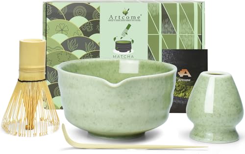 Artcome 4-Piece Matcha Tea Set - Complete Japanese Ceremony Kit with Bowl, Whisk, Whisk Holder, Scoop & Guide, Mottled Light Green von Artcome