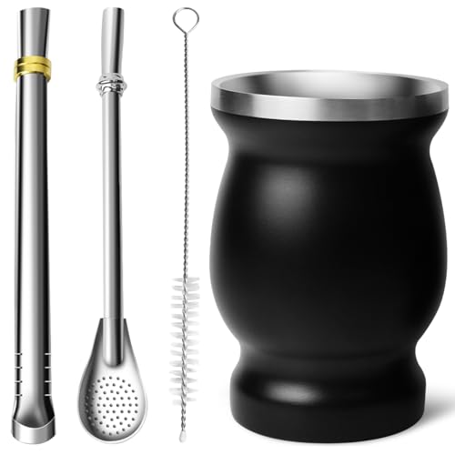 Artcome 4-teiliges Yerba Mate Tassen-Set aus Edelstahl – 1 doppelwandiger Edelstahlbecher (schwarz), 2 Bombillas (Yerba Mate Strohhalm), 1 Bürste, leicht zu reinigen, solide und langlebig von Artcome