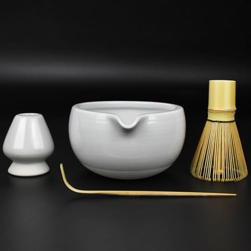 Artcome 4-teiliges komplettes Matcha-Teezeremonie-Set – Schüssel, Schneebesen, Schneebesen, Teeschaufel – für Usucha, Koicha und Matcha Latte (weiß) von Artcome