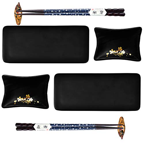 Artcome 8-teiliges Keramik-Sushi-Teller-Set im japanischen Stil mit 2 Sushi-Tellern, 2 Saucenschalen, 2 Paar Essstäbchen, 2 Essstäbchenhalter von Artcome