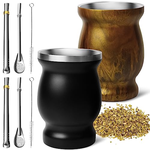 Artcome 8-teiliges Yerba Mate Becher-Set aus Edelstahl – 2 doppelwandige Matebecher aus Edelstahl (schwarz und Holz), 4 Bombillas (Yerba Mate Stroh), 2 Bürsten, leicht zu reinigen, solide und von Artcome