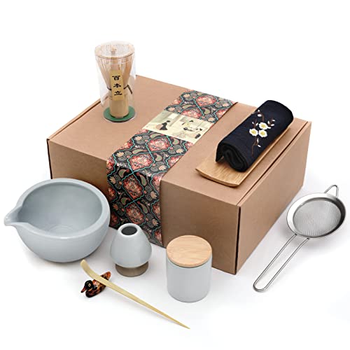 Artcome 9-teiliges japanisches Matcha-Tee-Set, Matcha-Schüssel mit Ausgießer, Matcha-Schneebesen, Matcha-Pulver-Caddy, traditionelle handgefertigte Matcha-Zeremonie-Geschenkbox-Set von Artcome